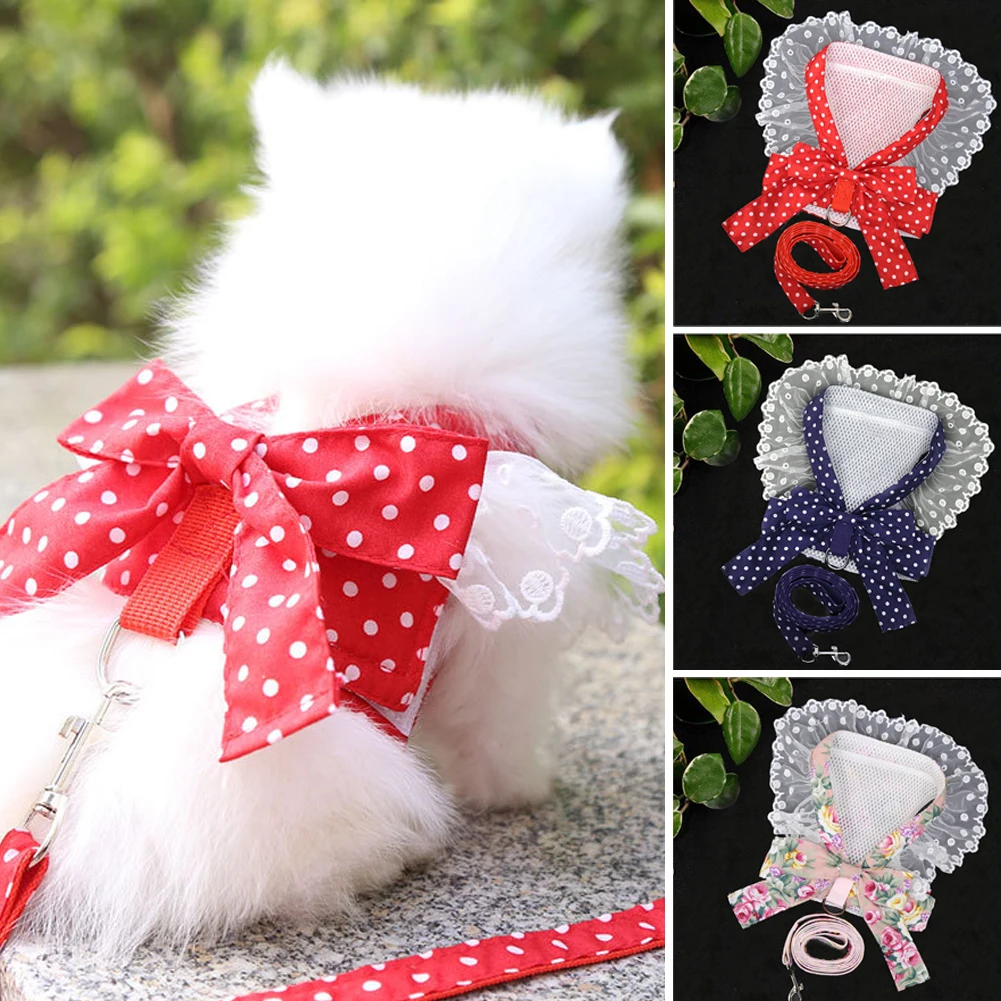 Cute Dog Harness Sweet Small Pet Leash Bow Lace Rose Dot Breathable Puppy Vest Traction Lightweight 1005002399326232