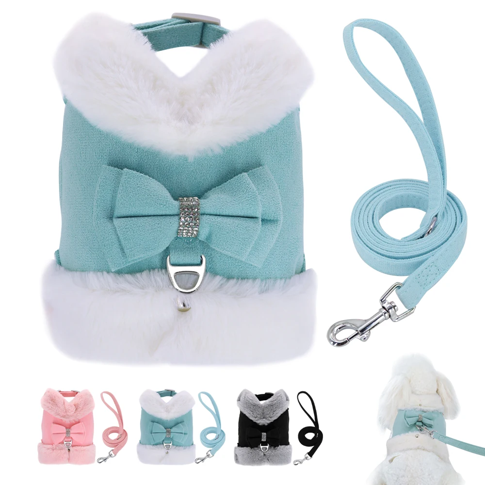 Bowknot Small Dog Cat Harness Leash Set Warm Soft Fur Harness Vest Breathable Puppy Pet Harness 1005003226949217