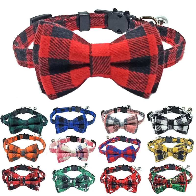 Pet Breakaway Cat Collar Bow Tie and Bell Cute Plaid Christmas Red Elastic Adjustable Dog Collar 1005003444569999