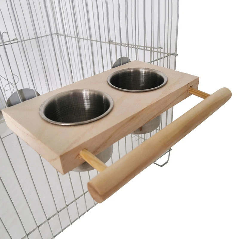 Bird Perch Feeder Wooden Stand Detachable Stainless Steel Feeding Cups Food Water Bowls for Parrot 1005003495271476