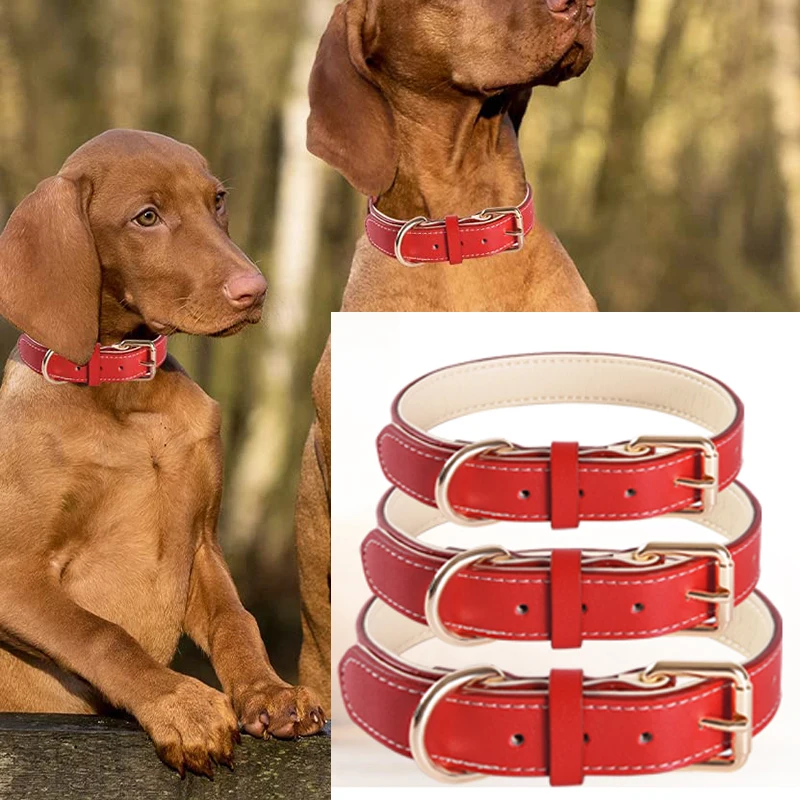 Genuine Leather Dog Collar Soft Padded Collars for Large Medium Small Breed Dogs RED Color 1005003709513377