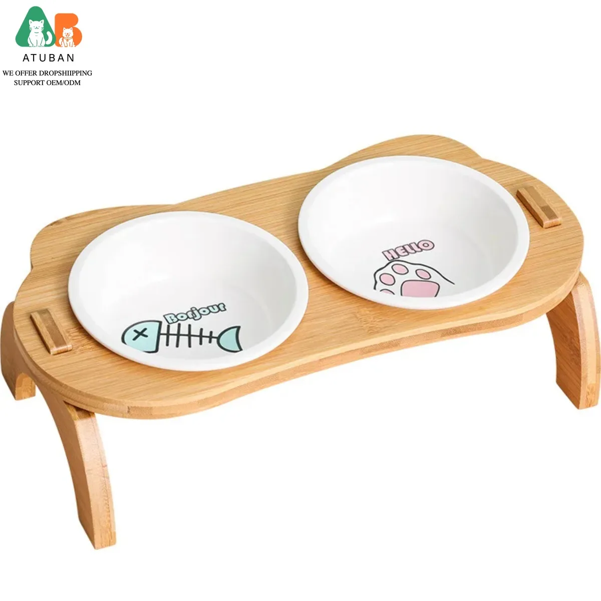 Raised Cat Bowls, Elevated Bamboo Food Bowls for Cat and Small Dog 1005003910107174