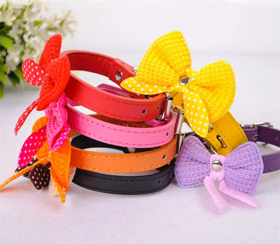 Adjustable Yarn Bow PU Cat Puppy Collar Small Medium Cat and Dog Collar 1005003973274441