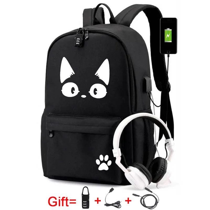 Black Cat Printed USB Backpack With Chain Headphone Port School Bags Travel Laptop 1005003987845812