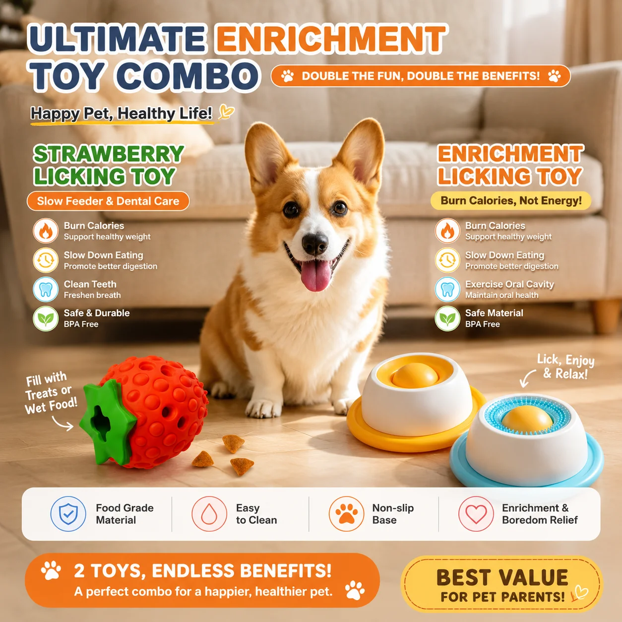 Dog Interactive Toy Set Peanut Treat Dispenser Chew Toy + Anti-Slip Lick Feeder Bowl Pet Dental 1005004256134833