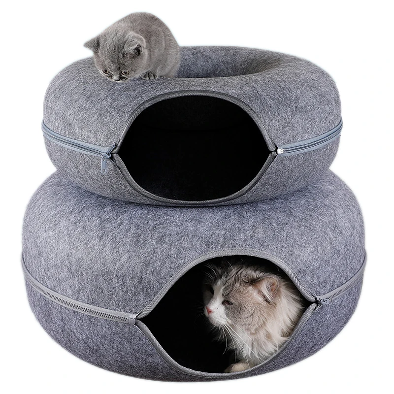Donut Cat Tunnel Bed Pets House Natural Felt Pet Cat Cave Interactive Toys Round Wool Felt Pet Bed 1005004283109553