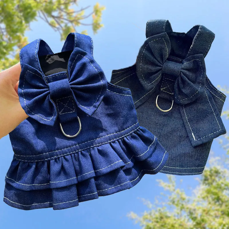 18kg Denim Dog Harness Durable Polyester Versatile Pet Vest Dress Walking Leash Accessories Bow Tie 1005004329398434