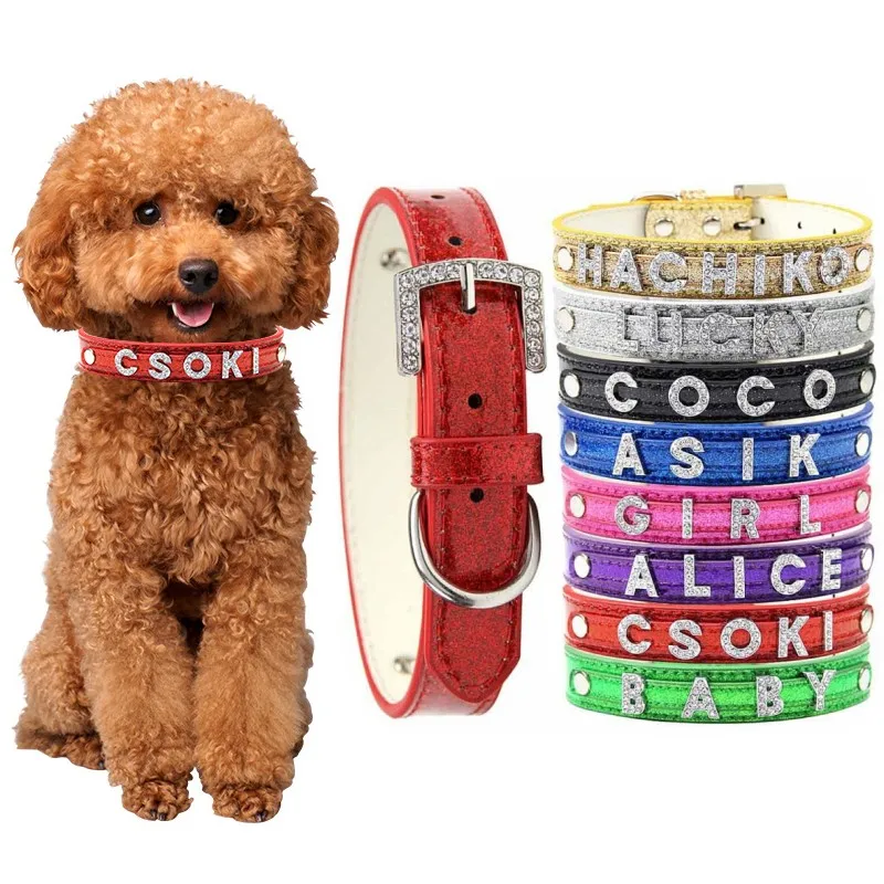 Pets Name Tag Dog Collar Bling Rhinestone DIY Puppy Cat Leather Collars for Small Large Dogs 1005004357932421
