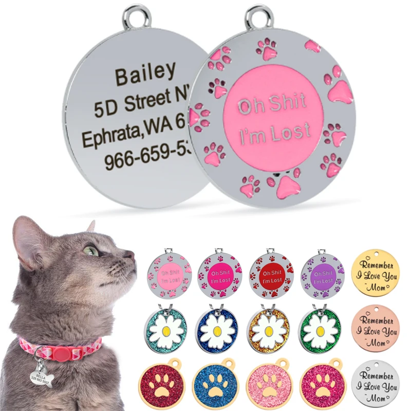 Personalized Dog Cat ID Tag Collar Necklace Accessories Round Custom Engraved ID Tags Pet Supplies 1005004408072631