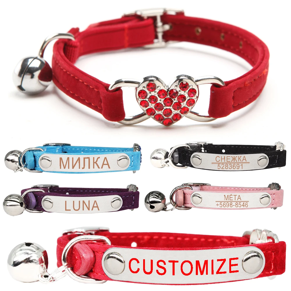 Cat Collar Heart Charm Personalized ID Name with Bell Safety Elastic Adjustable Soft Velvet Puppy 1005004536513055