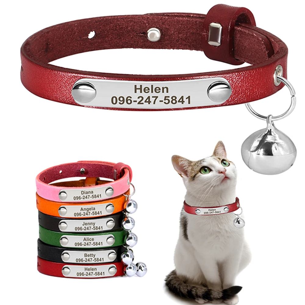Personalized Cat Collar Adjustable Leather Pet Cats Collars Necklace Custom Puppy Kitten Name 1005004799381092