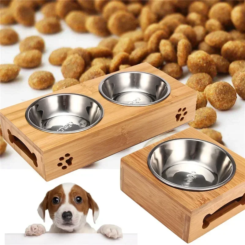 Pet Dog Cat Bowl Ceramic Bowl Bamboo Wooden Table Into A Kitten Skid Resistant Double Bowl Small 1005004957844706