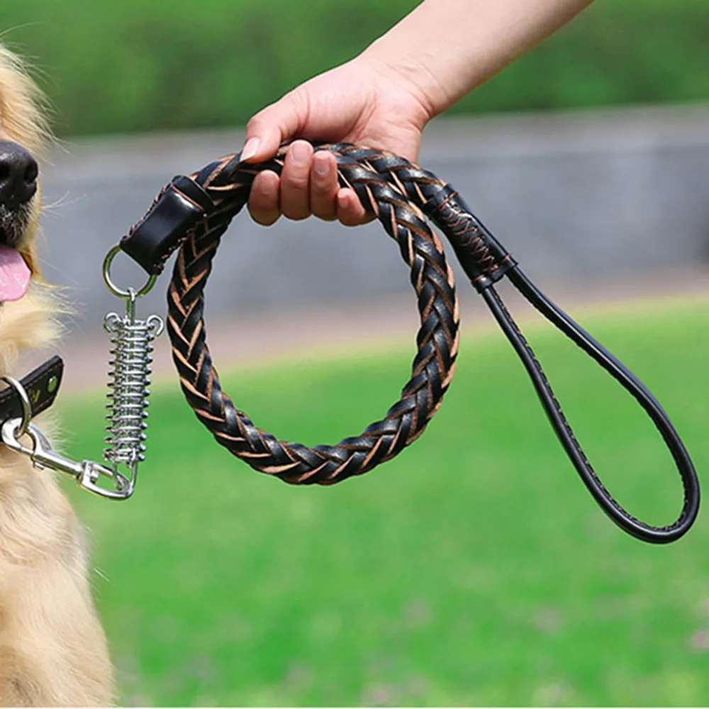 Strong Durable Real Leather Large Dog Leash with No Pull Buffer Spring Leather Braided Dog Training 1005005300436852