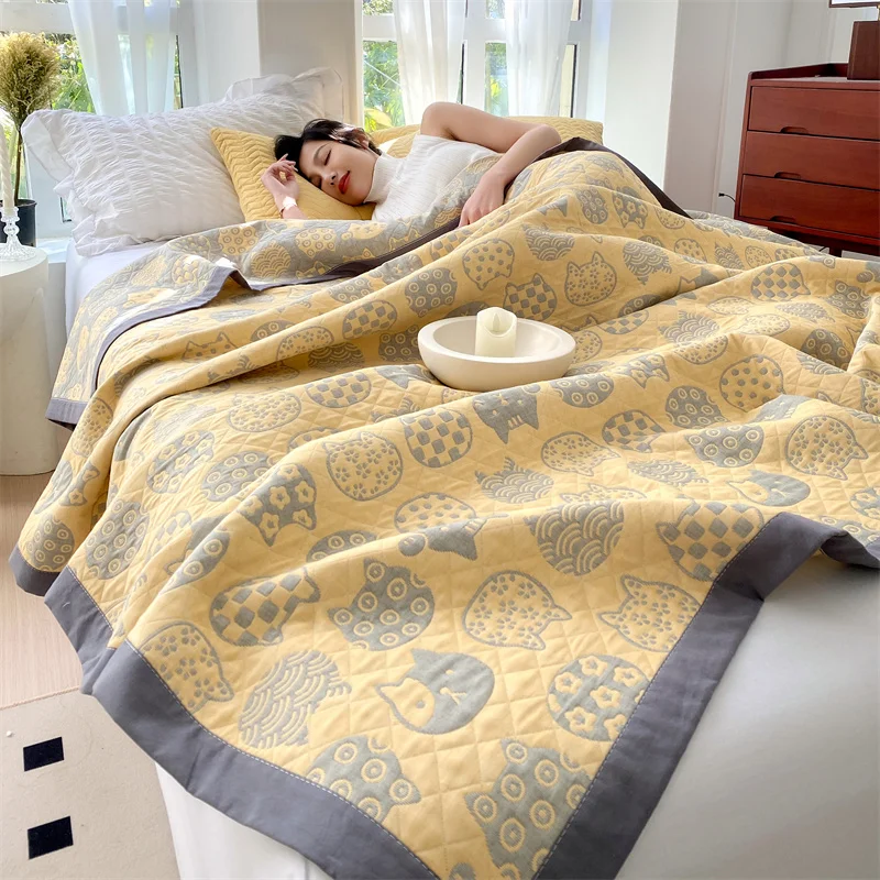 Towel Blanket for Sofa Pure Cotton Thread Blanket Yellow Color Cat Printed Plaids for Bed Queen 1005005323744169