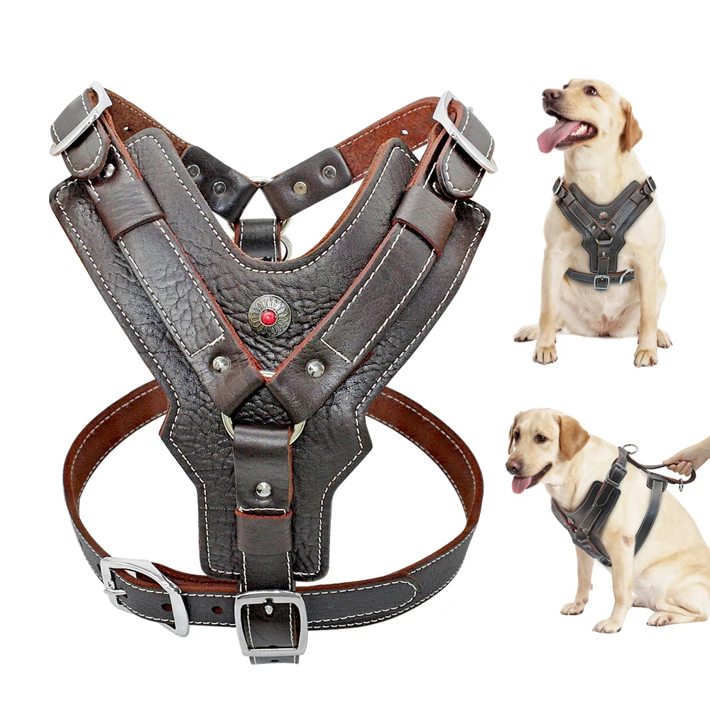 Durable Dog Harness Large Dogs Genuine Leather Harnesses Pet Training Vest With Quick Control 1005005470238471
