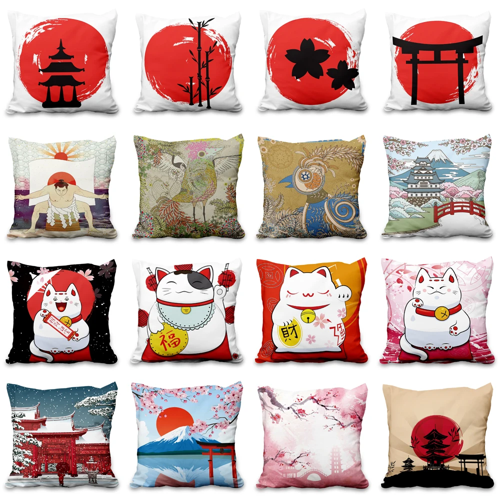 Lucky Cat Japanese Style Sofa Bed Decorative Pillow Cover Home Decor Mount Fuji Art Cushion 1005005495073661