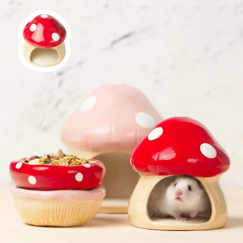 2023 Cute Ceramic Mushroom House Pet Items Hamster Cage Small Pet Bowl For Rabbit Ferret Rat 1005005505397063