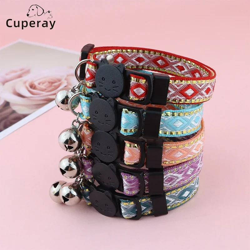 Cat Collar Bell Gold Silk Edge Ethnic Style Pet Collar Anti-Suffocation Adjustable Small Dog Cat 1005005742243972