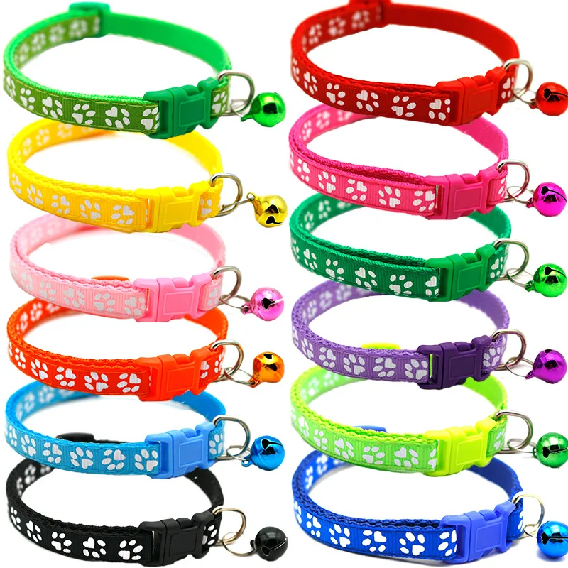 Pet Collar with Bell Cartoon Footprint Colorful Dog Puppy Cat Accessories Kitten Adjustable Safety 1005005751241258