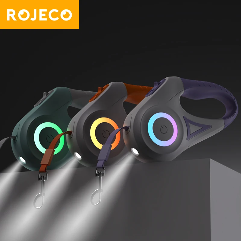 ROJECO 5M Retractable Dog Leash Automatic LED Light Luminous Roulette Leash Rope For Dogs 1005005753667047