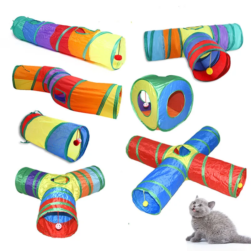 Funny Cat Toys Rainbow Color Foldable Cat Tunnel Indoor Kitten Interactive Play Channel Hanging 1005005793086834