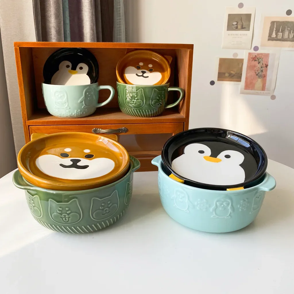 Creative Ceramic Bowls Cartoon Cat Dog Ceramic Noodle Bowls with Lids Cute Animal Soup Salad Fruit 1005005839928922