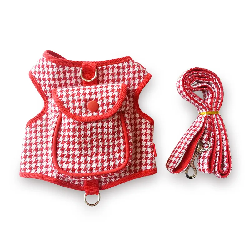 Step in Dog Harness and Leash Set Black Red Houndstooth Traction Suit, Puppy Harness Vest 1005005842950596