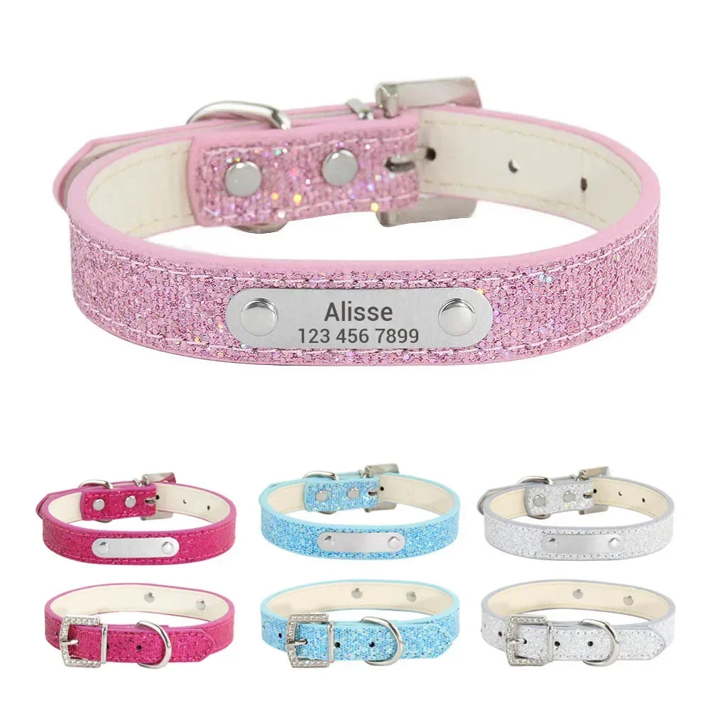 Custom Bling Leather Dog Collar with Name, Solid Personalized Engraved Puppy ID Collars 1005005844537185