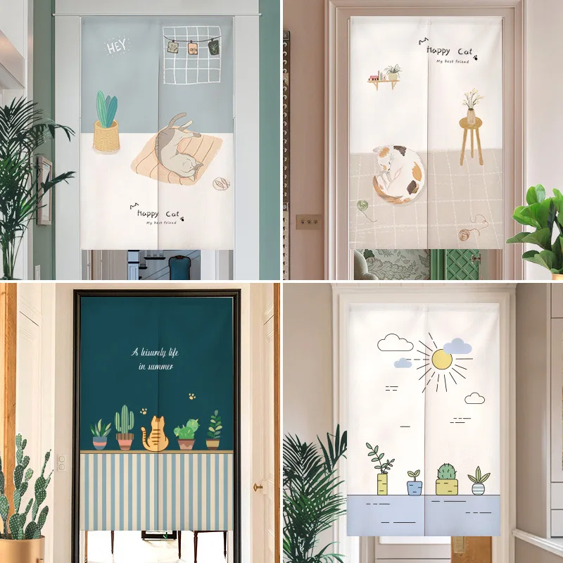 Cute Cartoon Cat Door Curtain Green Plants Fresh Creative Nordic Doorway Kitchen Partition Noren 1005005988968107