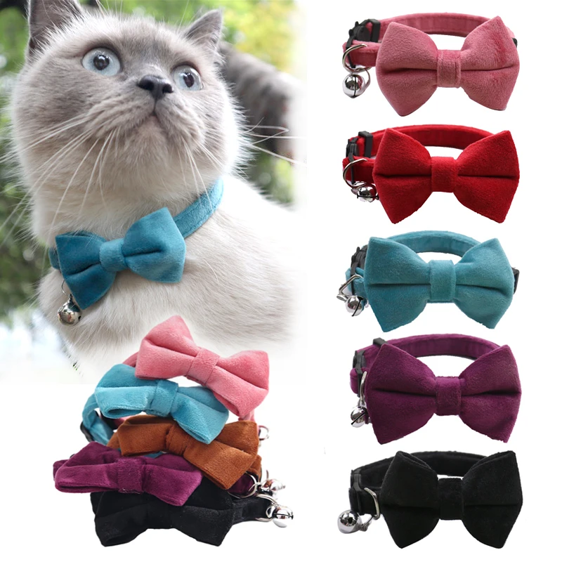 Velvet Cat Collar Solid Color Bowknot Puppy Chihuahua Collars with Bell Adjustable Safety Buckle 1005005993400040