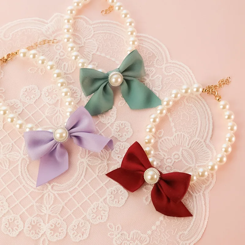 Pet Pearl Bow Necklace Dog Collar Little Cat Dog Bell Necklace Vintage Jewelry Pearl Lady Bow Dog 1005006027707671
