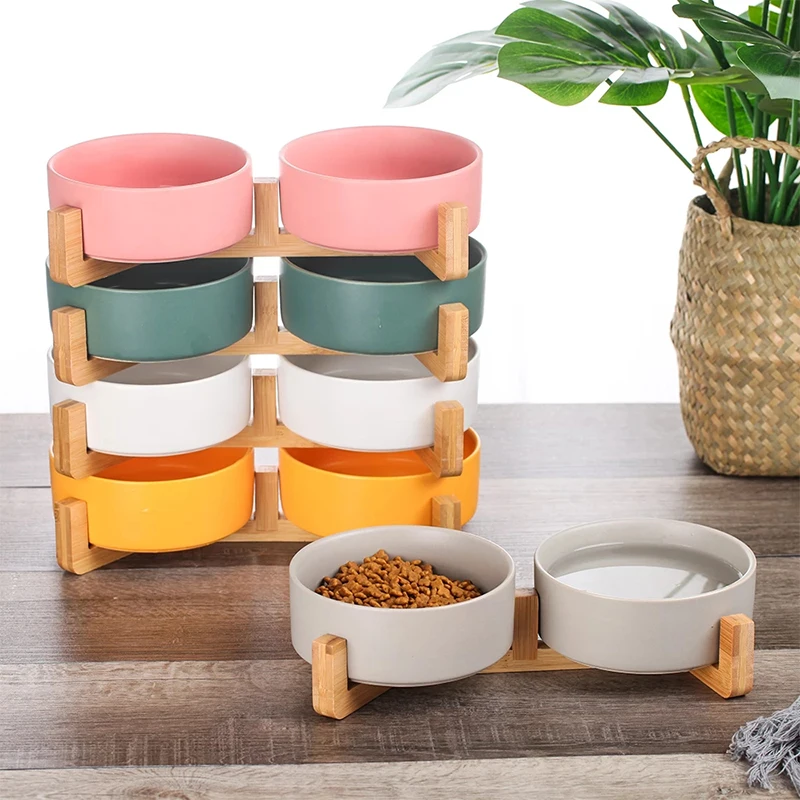 Ceramic Pet Bowl Dish with Wood Stand No Spill Pet Ceramic Double Bowl for Dog Cat Food Water 1005006031138015