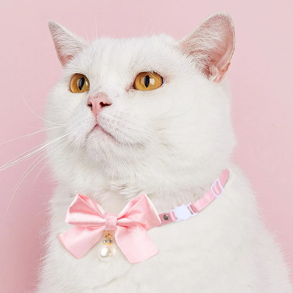 Cute Cats Collar Kitten Fairy Pink Lace Bow Hanging pearl Pet Collar Cat Dog Bow Tie Jewelry Satin 1005006067851946