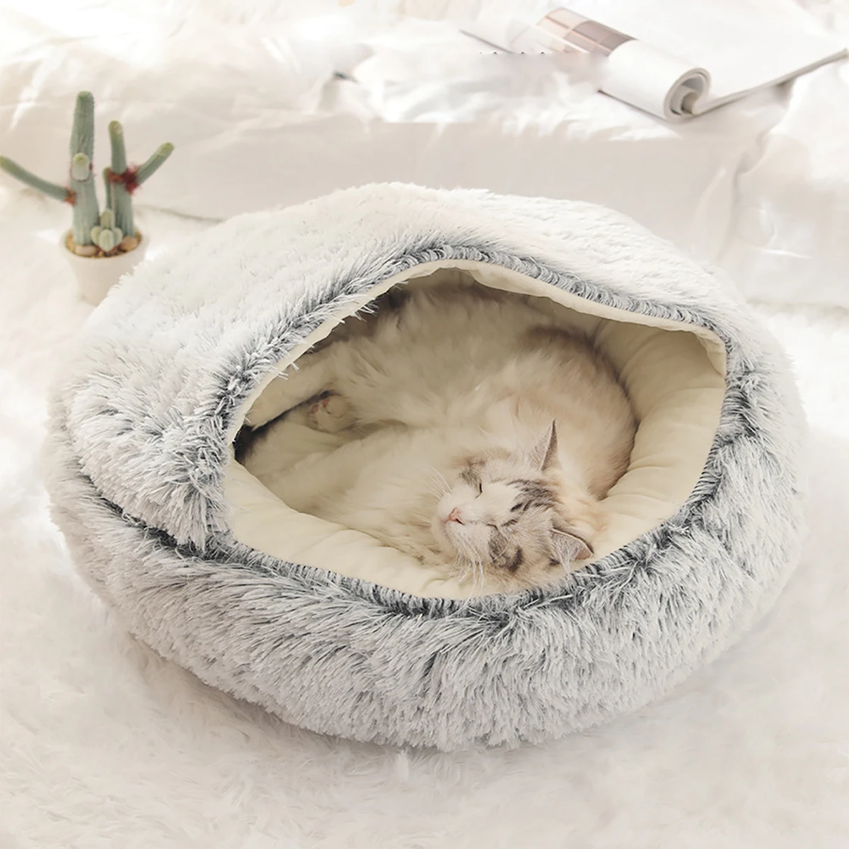 Cat Bed Round Plush Fluffy Hooded Cat Bed Cave, Cozy for Indoor Cats or Small Dog beds 1005006115820618