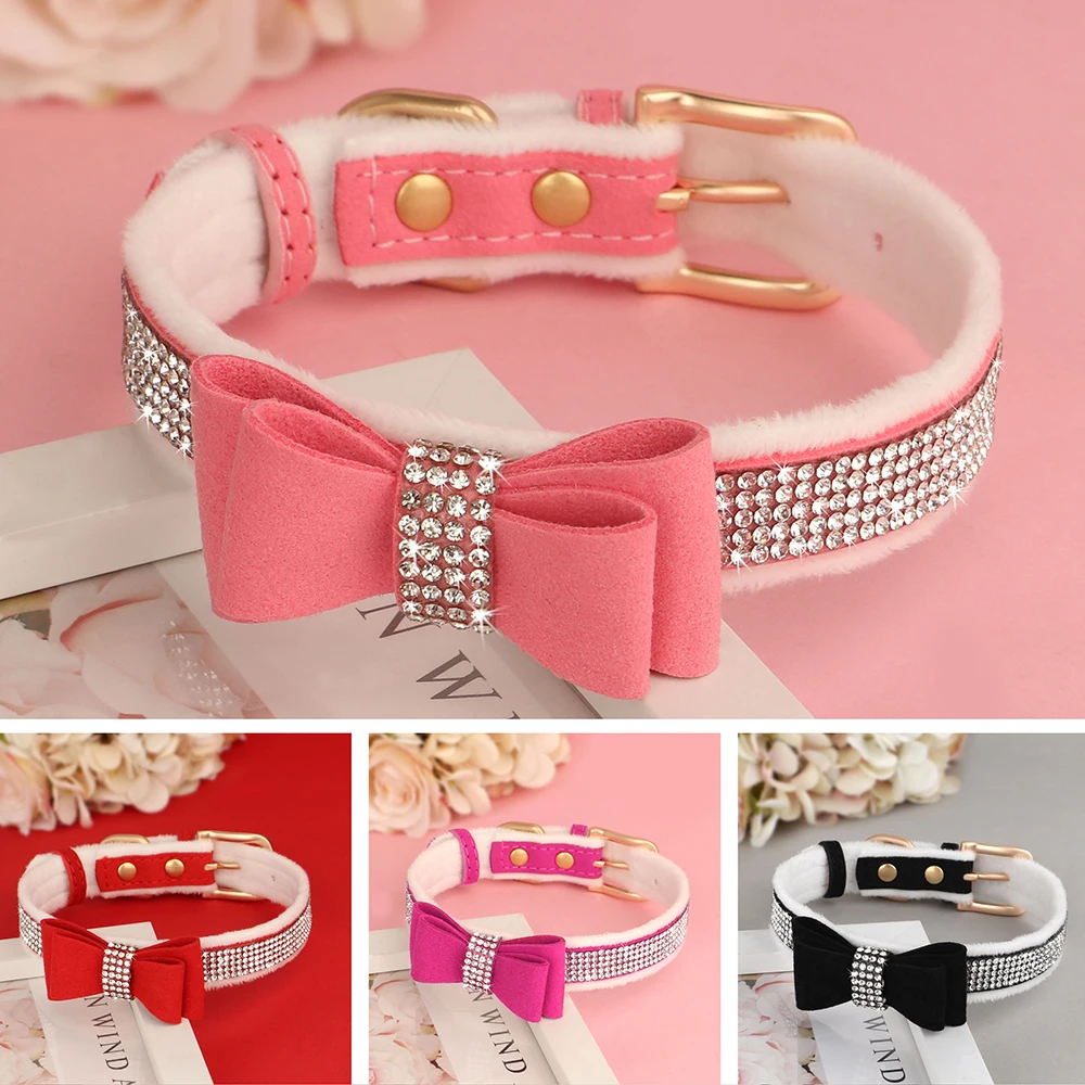 Cute Bowknot Dog Collar Bling Rhinestone Small Dogs Cat Collars Soft Velvet Pet Puppy Necklace Warm 1005006216446529