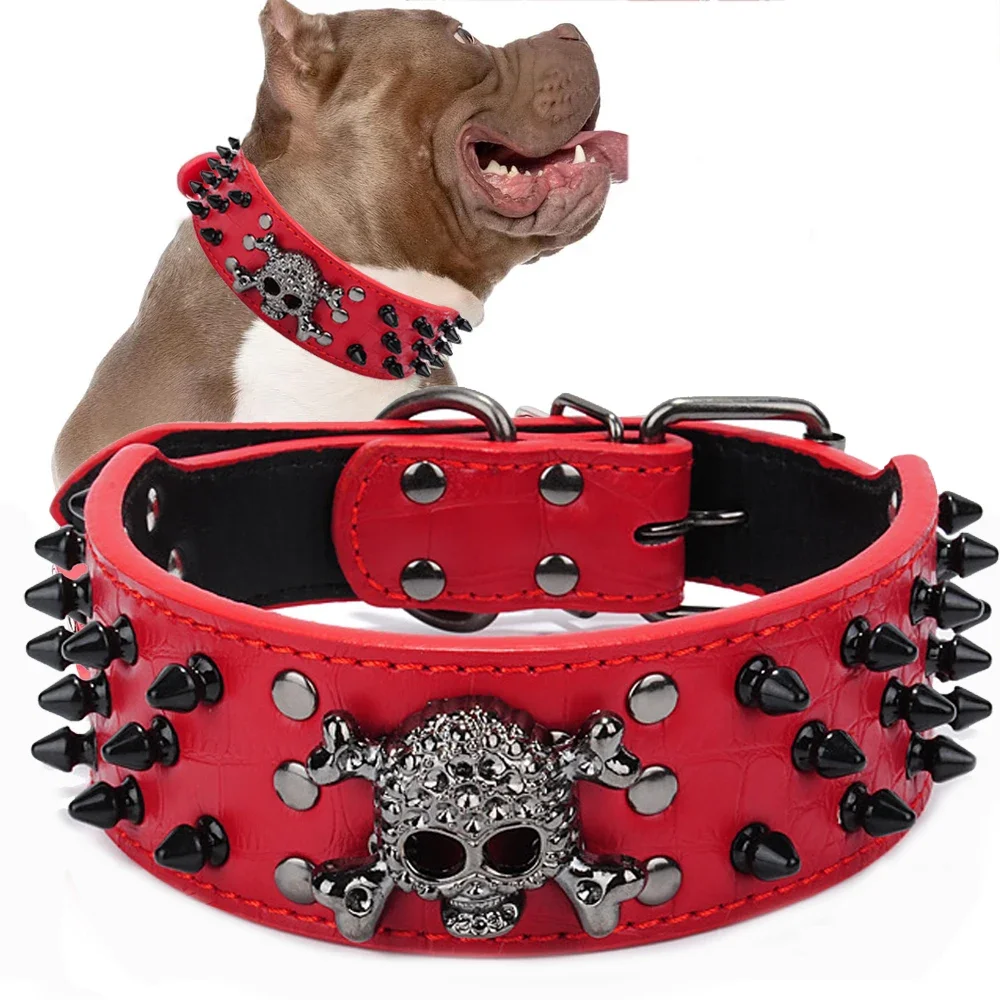 Skull Spiked Studded Leather Dog Collar For Medium Large Dogs Bulldog Adjustable Anti-Bite Neck 1005006256932990