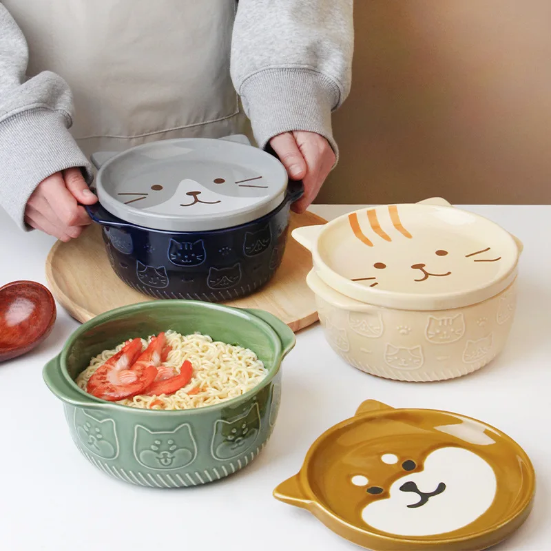 850ML Japanese Cartoon Cat Ceramic Bowl Cute Animal Bowl Instant Noodle Bowl With Cover Kitchen 1005006270406384