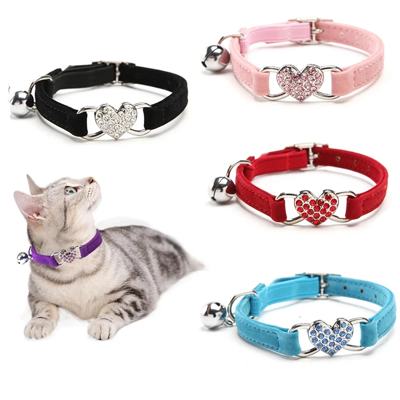Heart Charm and Bell Cat Collar Safety Elastic Adjustable with Soft Velvet Material 8 Colors Pet 1005006289374445