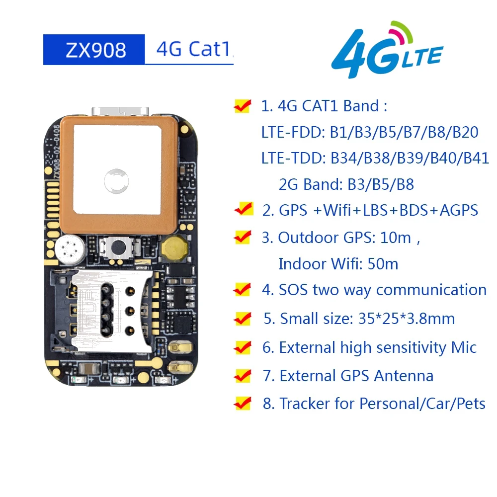 Mini 4G GPS Tracker ZX908 CAT1 PCBA Chip Board For Vehicle Car Person Tracking System Wireless WIFI 1005006313143385