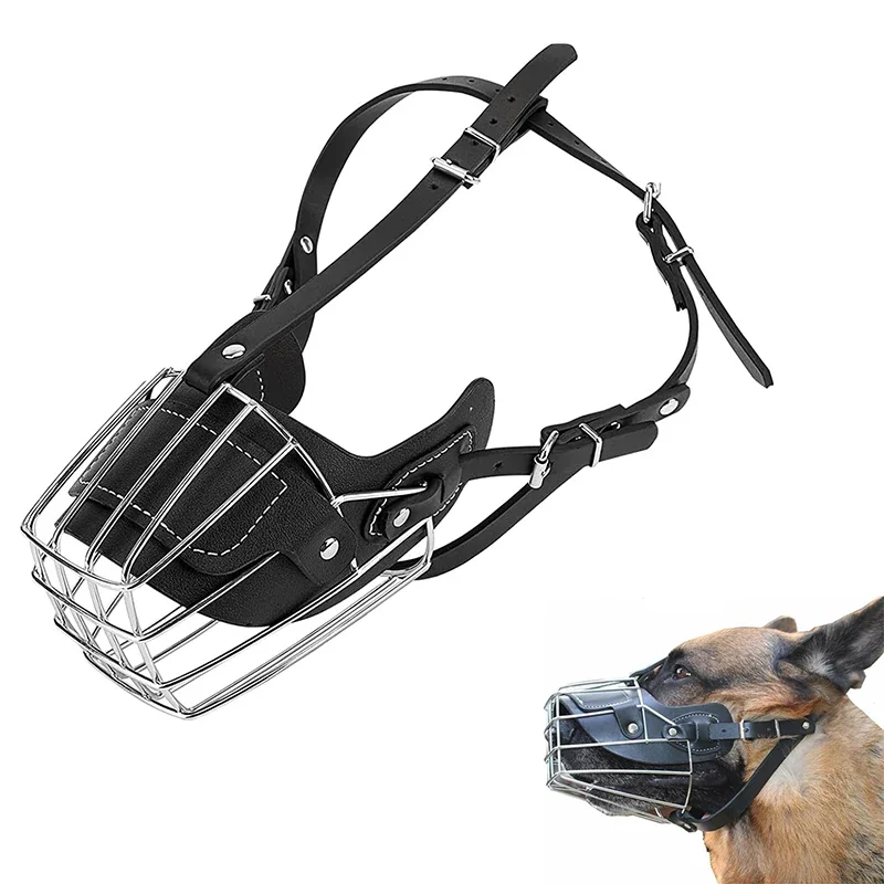 Dog Mouth Leather Protection Cover Adjustable & Breathable pet Metal Muzzle Anti-Bite Humane Basket 1005006316740784