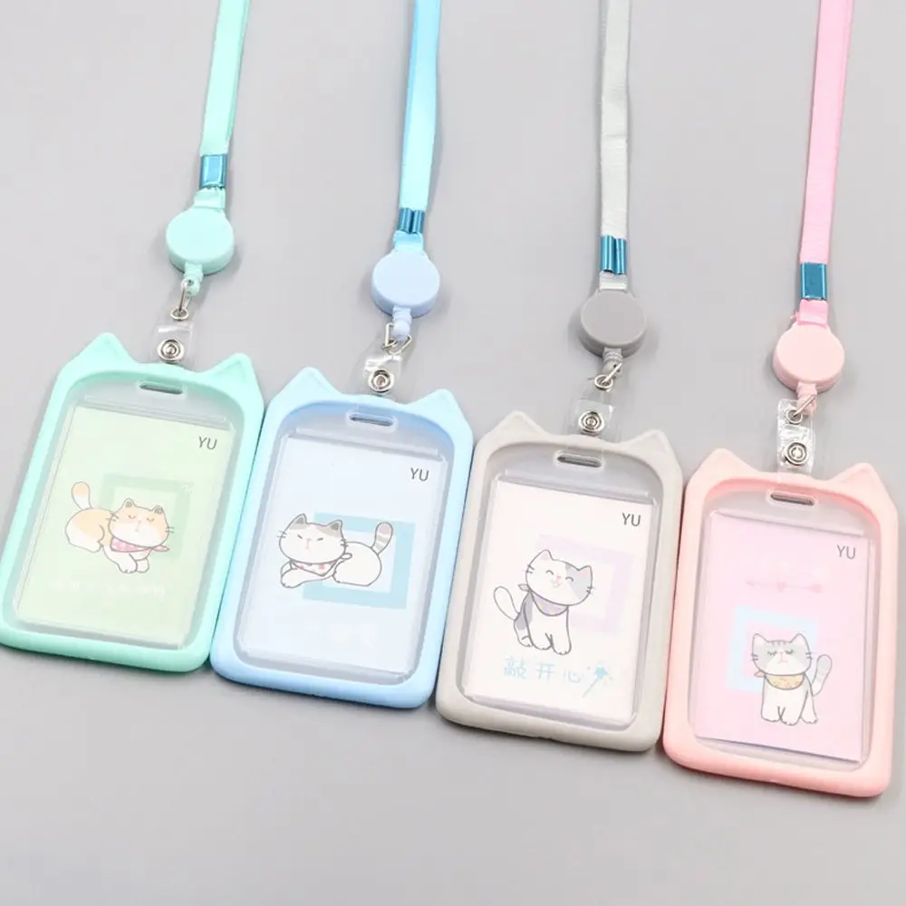 1Pc Cartoon Cat Card Holder Candy Color ID Card Sleeve Retractable Reel Lanyard Identity Credit 1005006326939260