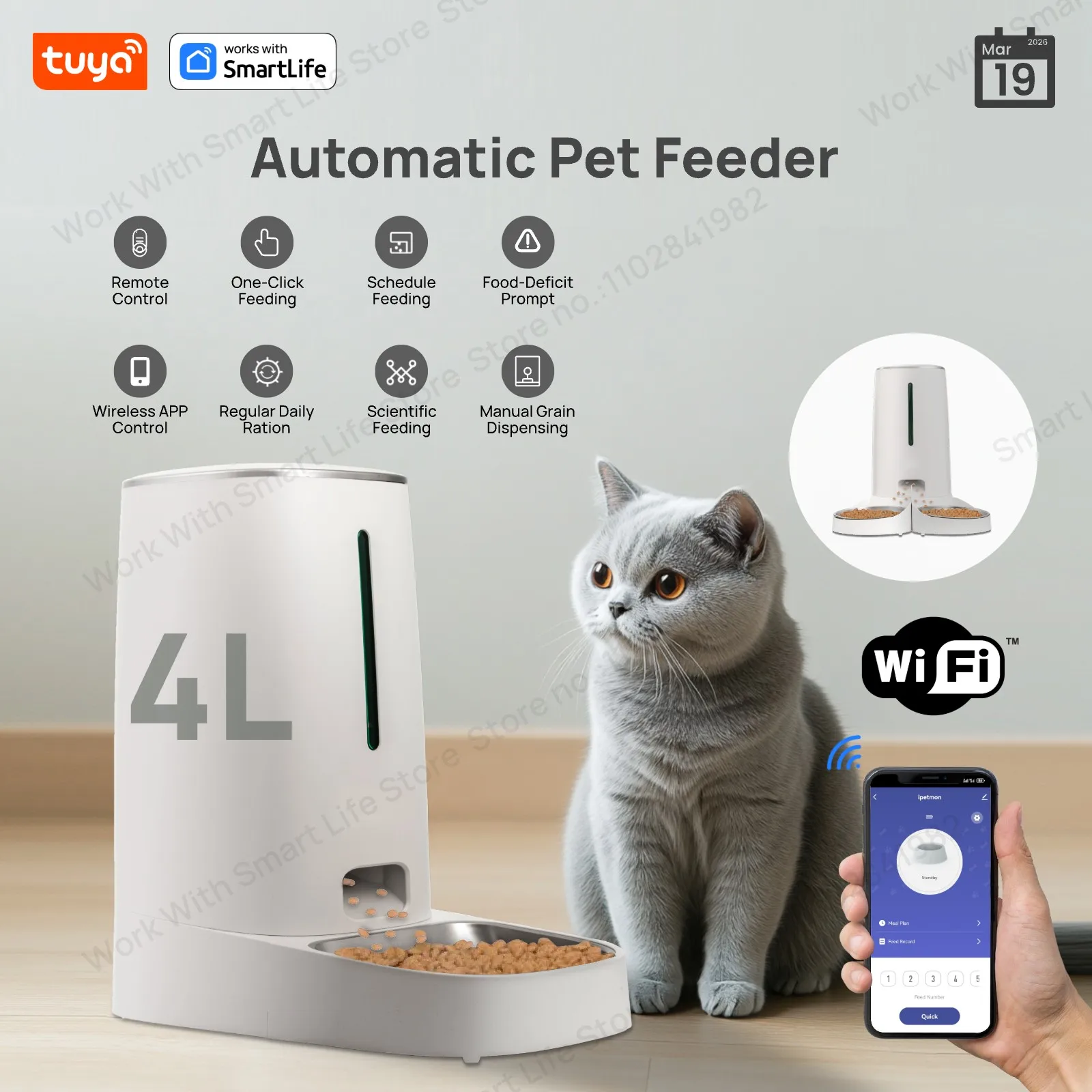 Automatic Pet Feeder For1/2Cats, Wifi Smart Feed Automatic Pet Feeder for Cats& Dogs (4L) 1005006413765480