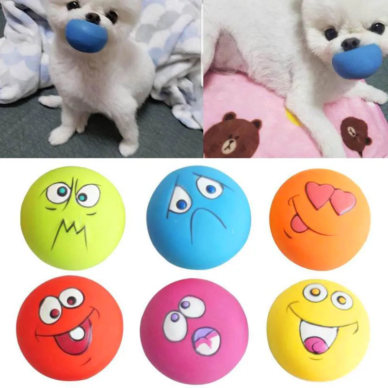 Rubber Dog Puppy Pet Play Squeaky Ball Chewing Toys With Face Fetch Bright Balls Dog Accessories 1005006421643084