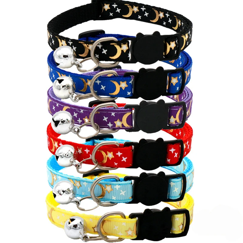 Cat Collar With Bell Cartoon Star Moon Dog Puppy Cat Kitten Collar Adjustable Safety Bell Ring 1005006696107177