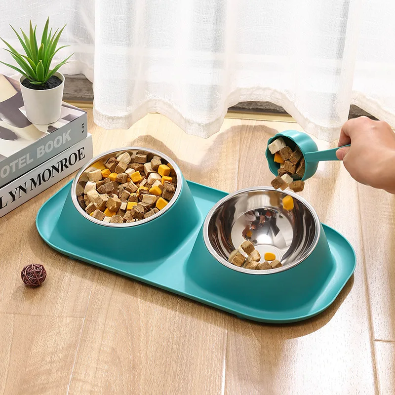Stainless Steel Double Cat Dog Bowl Cat Food Container Non-Slip Base Pet Water Feeder Tilt (1pc) 1005006720013497