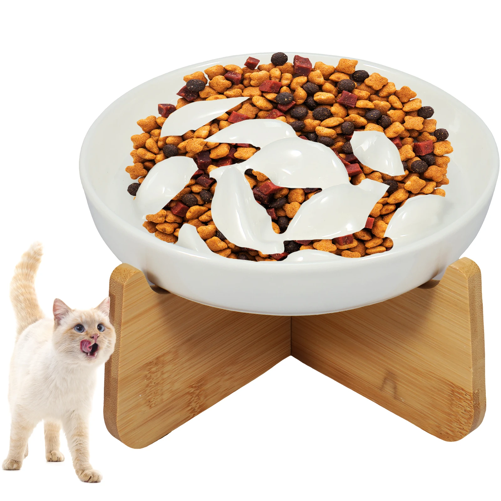 Raised Cat Bowl Elevated Cat Bowls with Wood Stand Ceramic Slow Feeder Bowl Cat Feeding Bowl Anti 1005006831522600