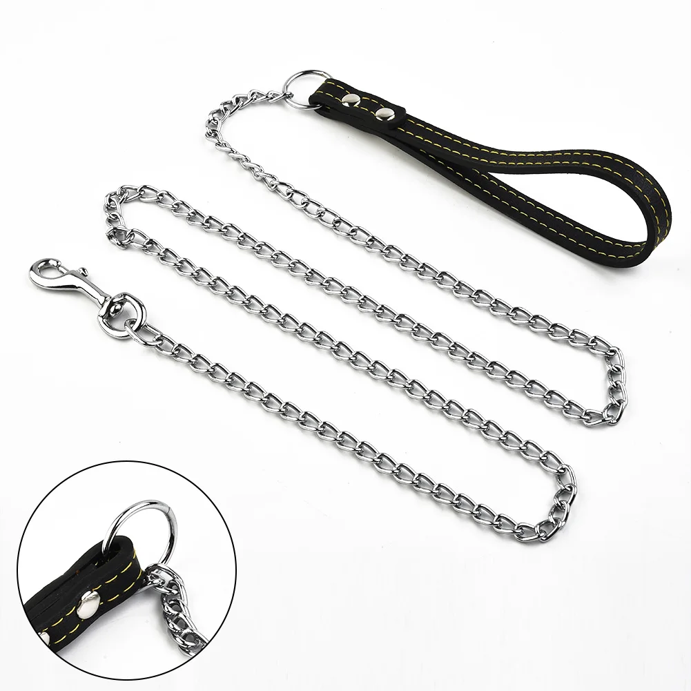 Metal Chain Dog Lead with Leather Style Handle Strong Control Leash Iron Dog Pets Supplies Collars 1005006832522357