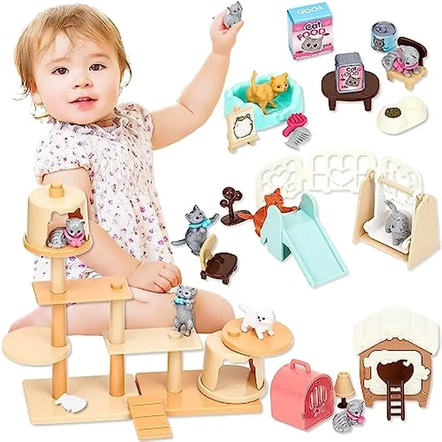 Cat Toys Pretend Play Cat Figures Playset Toy Interactive Kitten Role Play Set Realistic Cats Care 1005006842261028