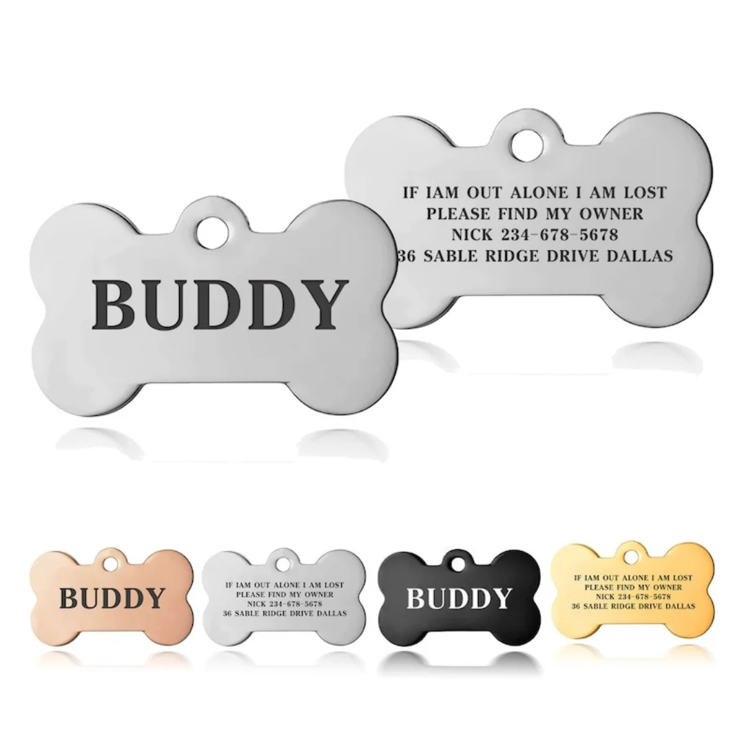 Premium Engraved Personalised Dog ID Tag Dog Name Tag Cat Puppy Name ID Bone Tag Collar Black 1005006891402405
