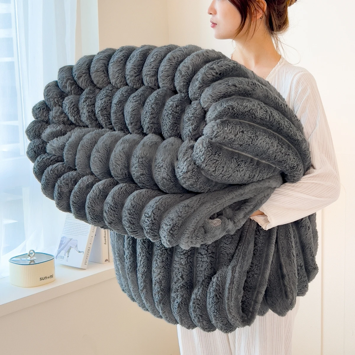 Solid color thickened wide striped multifunctional blanket, can be used as bed sheet cover blanket 1005006942975272